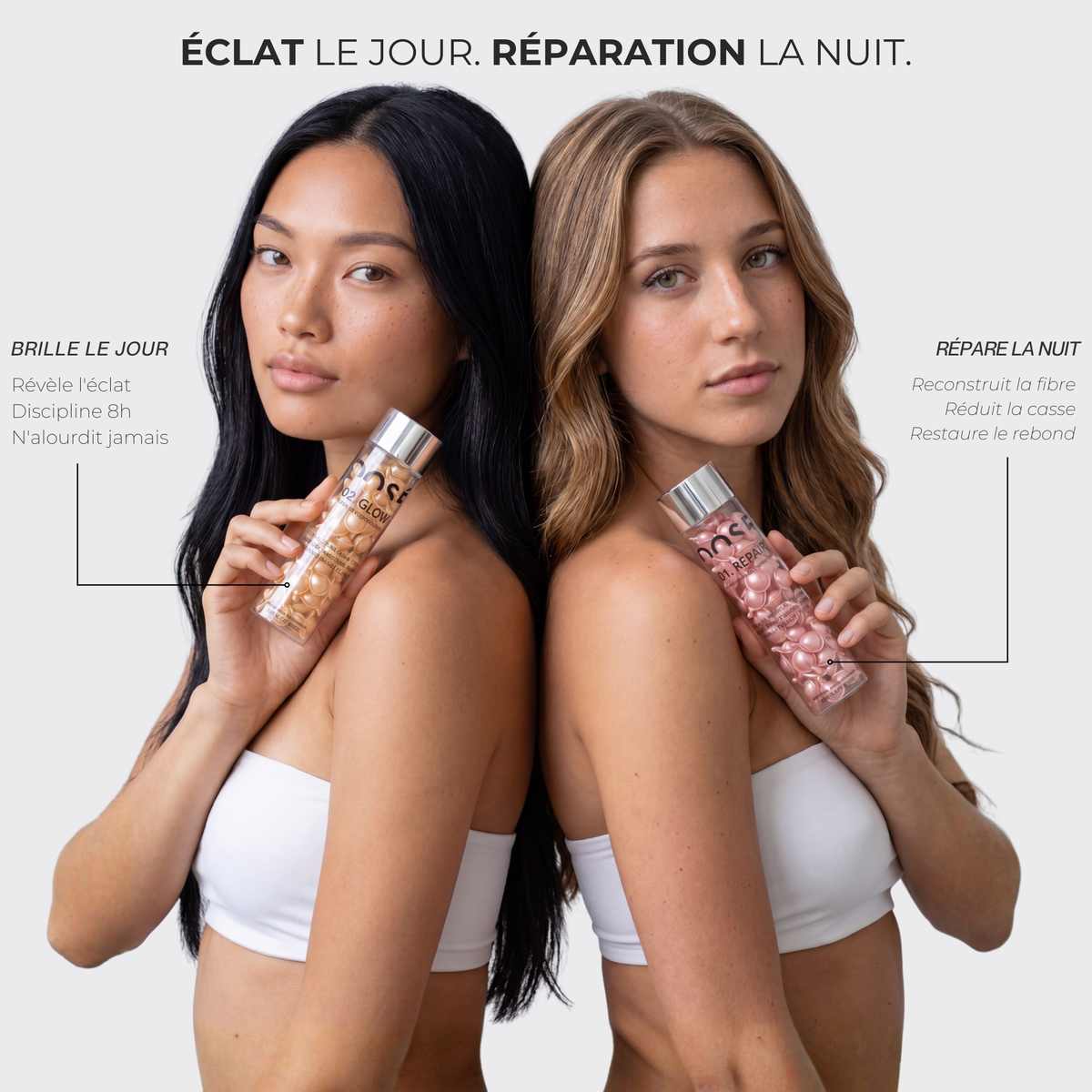 Duo DOSÉ — éclat le jour avec GLOW, réparation la nuit avec REPAIR, deux flacons de capsules