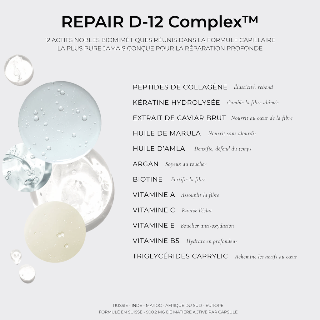 Actifs du D-12 Complex™ de DOSE.01 REPAIR : kératine hydrolysée, extrait de caviar, peptides de collagène, marula