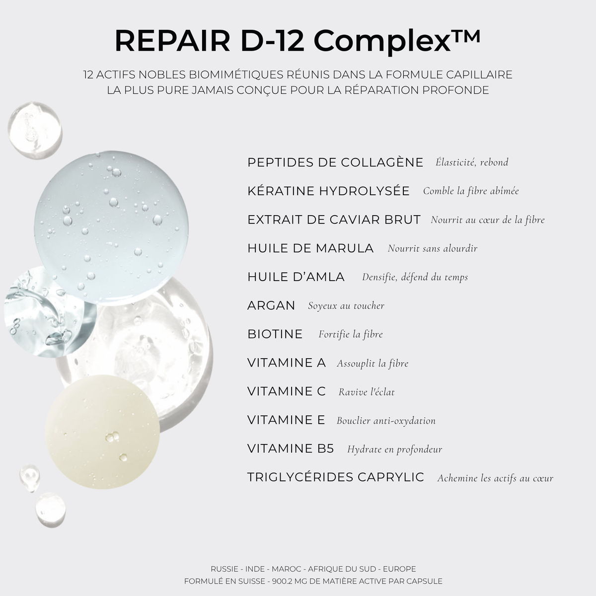 Actifs du D-12 Complex™ de DOSE.01 REPAIR : kératine hydrolysée, extrait de caviar, peptides de collagène, marula