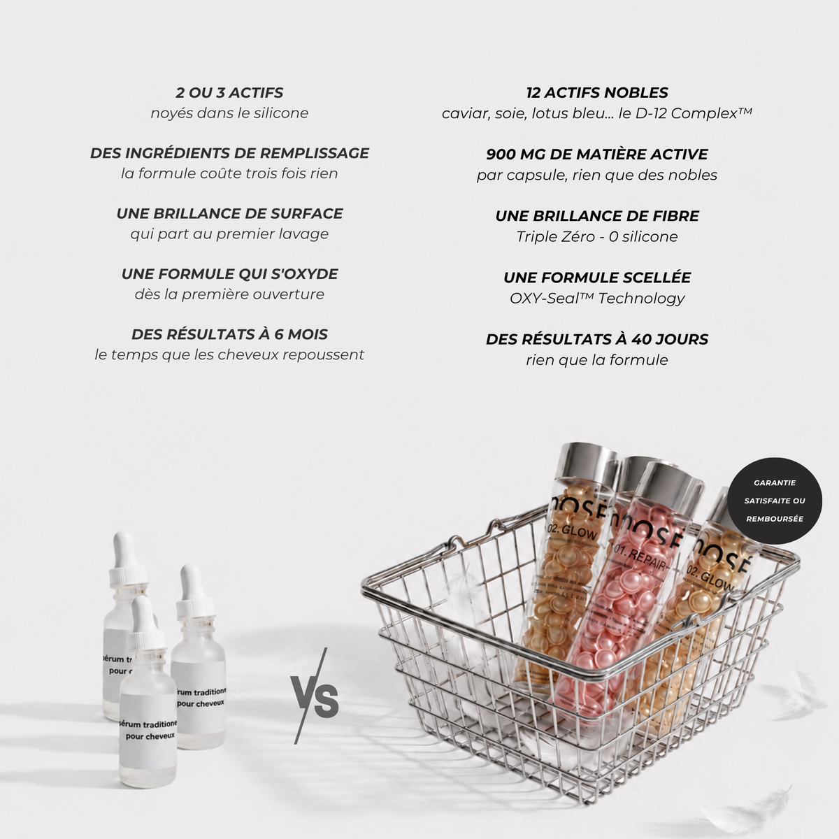 Tableau comparatif DOSÉ vs soins capillaires classiques — capsules scellées, sans silicone
