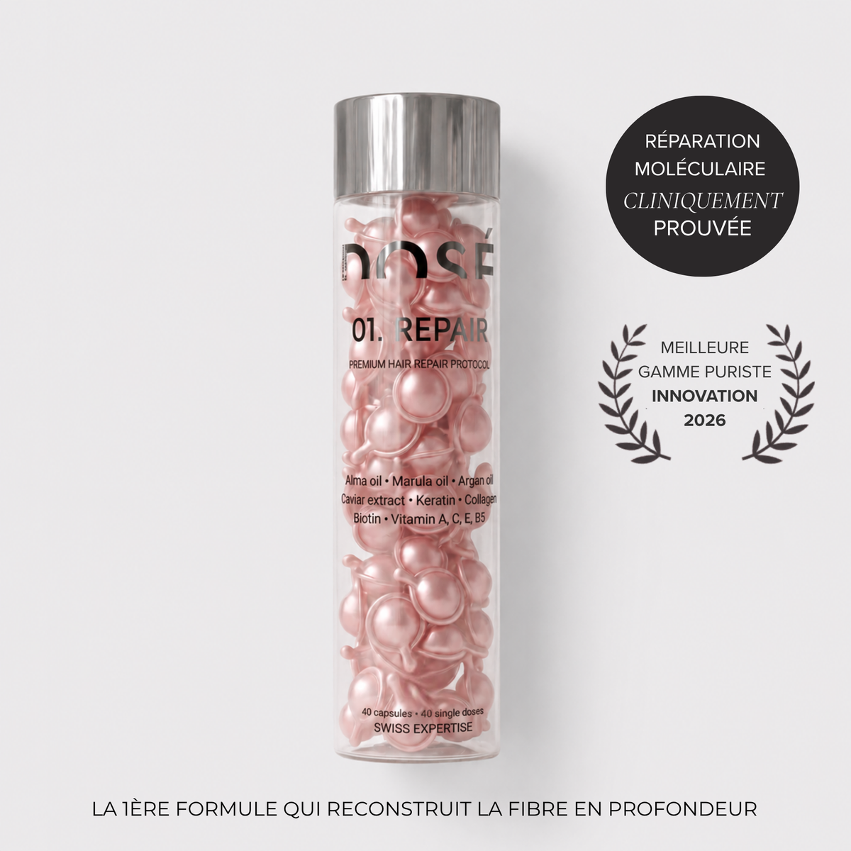 Flacon DOSE.01 REPAIR — 40 capsules réparatrices rose nacré, huile capillaire monodose DOSÉ