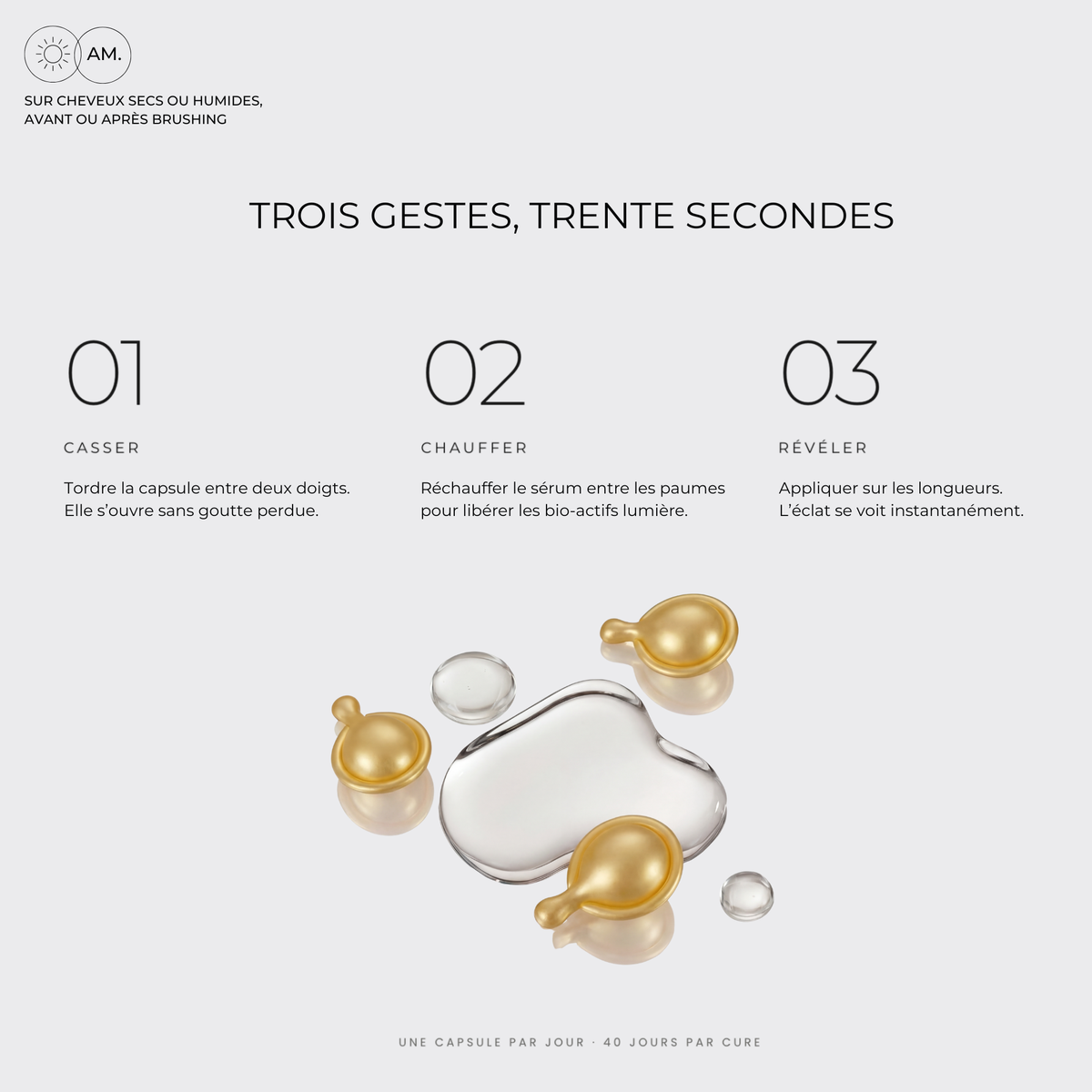 Mode d'emploi DOSE.02 GLOW : ouvrir la capsule, appliquer l'huile pour une brillance immédiate